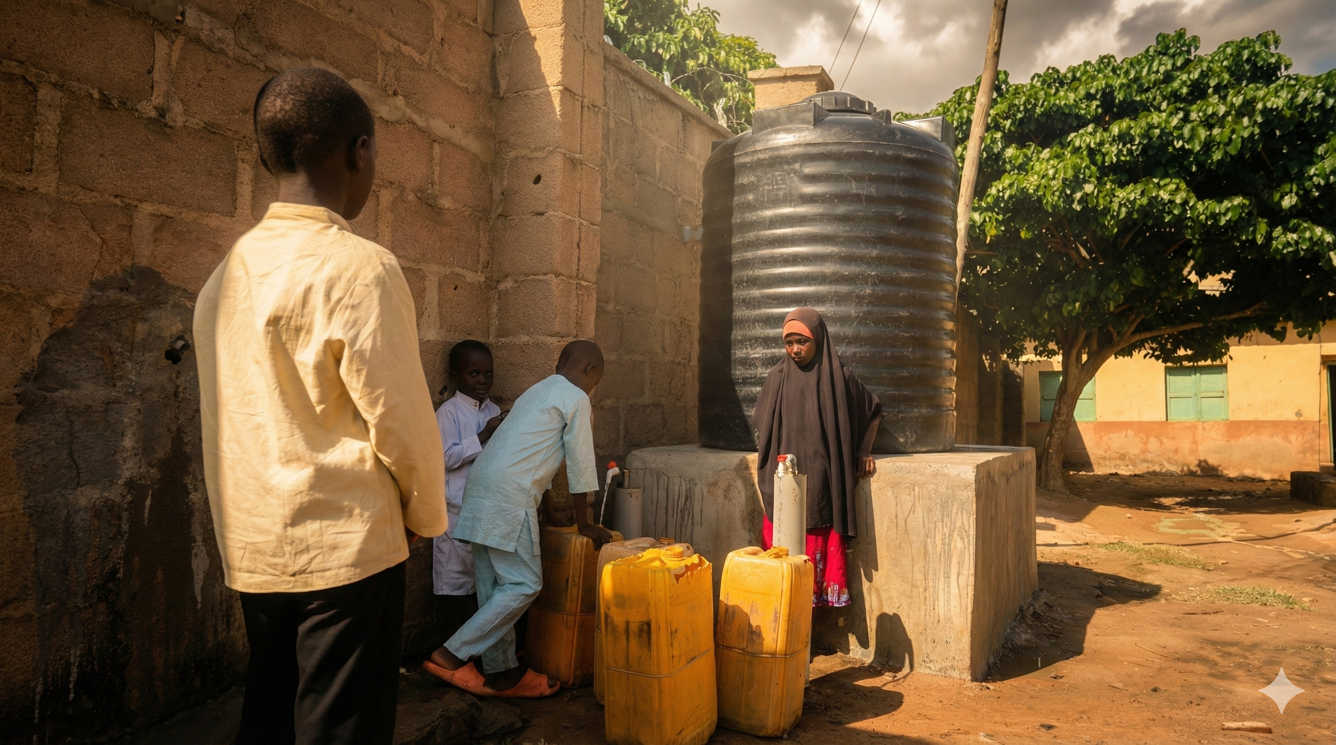 Children collecting water from a tank in a Northern Nigerian community