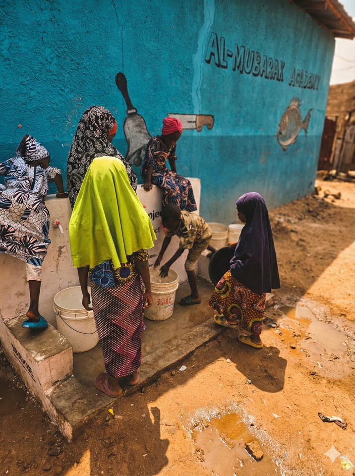Community members collecting water at a WatAlive water point — Al-Mubarak Academy, Gombe